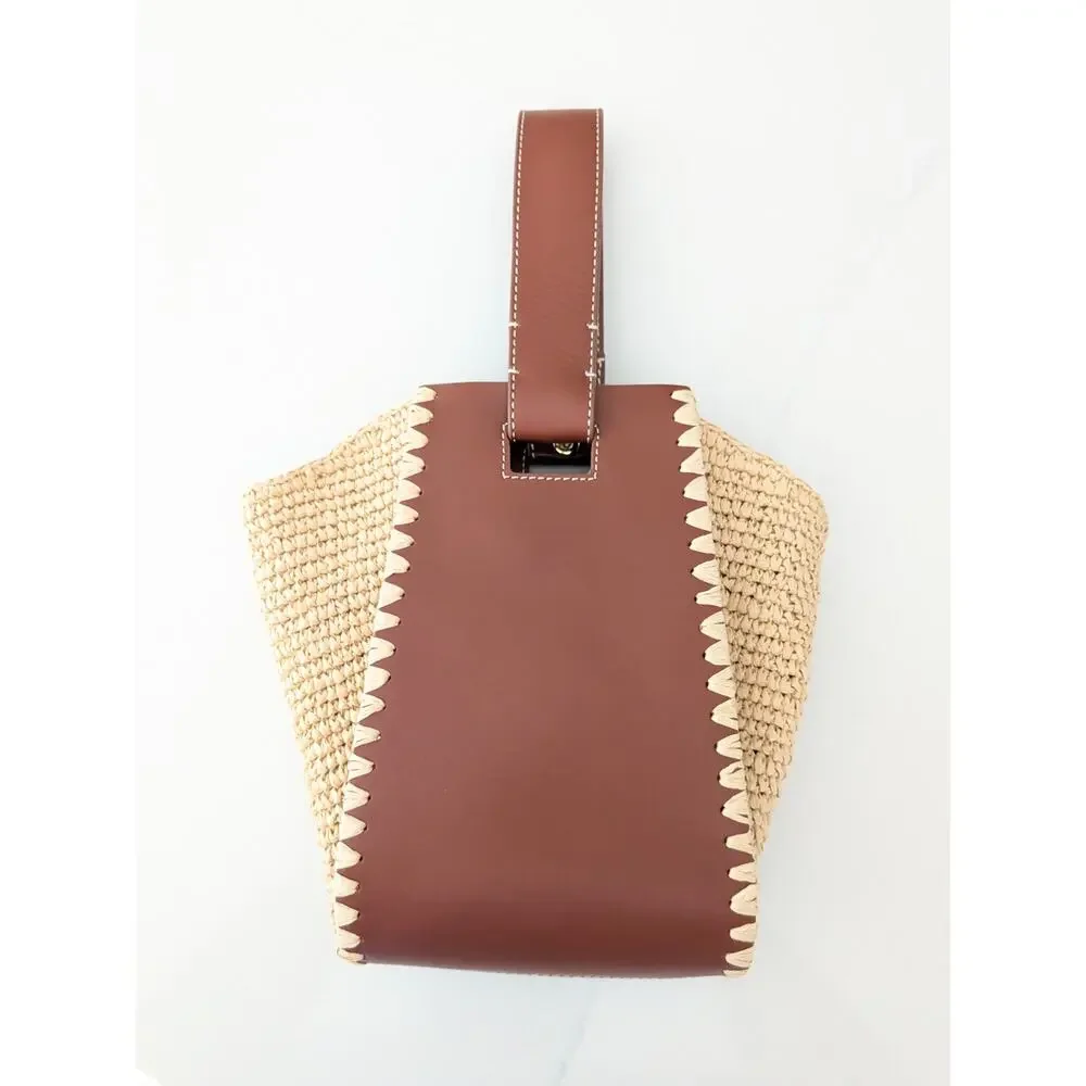 J.Crew Handknotted Straw Leather Top-Handle Bag Woven Summer Purse OS